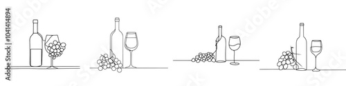 Continous line art drawing of a bottle of wine with a wine glass and grape bunch. Modern illustration isolated on white.