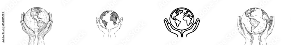 Fototapeta premium Human hands holding world planet earth. Global digital technology, continuous one-line sketch modern concept. Saving the world's environment and protecting the planet.