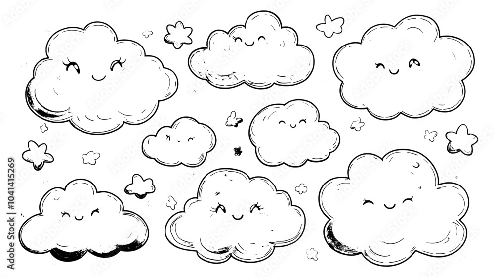 Various shapes and sizes of fluffy clouds. Hand drawn curly cumuluses on white background. Beautiful sky view. Modern illustration. Various shapes and sizes of fluffy clouds. Hand drawn curly cumuluses on white background. Beautiful sky view. Modern illustration.