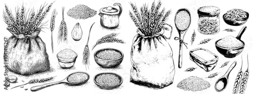 Icon illustration of rice grains. Vintage seeds pile and farm ears. Whole basmati grain in bag, scoop, and spoon. Rice porridge bowl. Icon illustration of healthy food. Nutritional meal illustration.