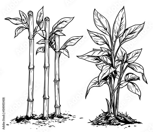 An outlined sugarcane stem has leaves on it. Two branches of a field plant. A pair of contoured botanical elements is shown on a white background. Hand-drawn modern illustration with a modern look.