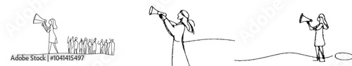 Woman drawing in continuous one line. A woman with long hair in a strong power pose. A woman with long hair shouting loudly through a megaphone in single continuous line.