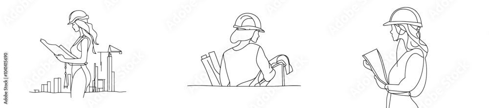 Obraz premium Continuity drawing of young female architect holding blueprint paper. Professional work job occupation. Modern graphic design minimalist concept.
