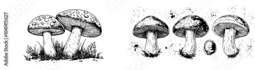 Drawing of a champignon Portobello. Bokeh of edible portobello mushrooms. Contoured hand-drawn modern illustration of fungus isolated on white. Natural organic fungus.