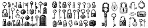 Hand-drawn medieval objects sketch on a white background. Old door keys etched with keychains and ring for locking and unlocking padlocks.