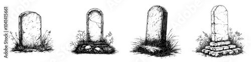 Ancient religious tombstone sketch of an upright gravestone. Vintage outlined hand-drawn modern illustration of a medieval headstone isolated on white.