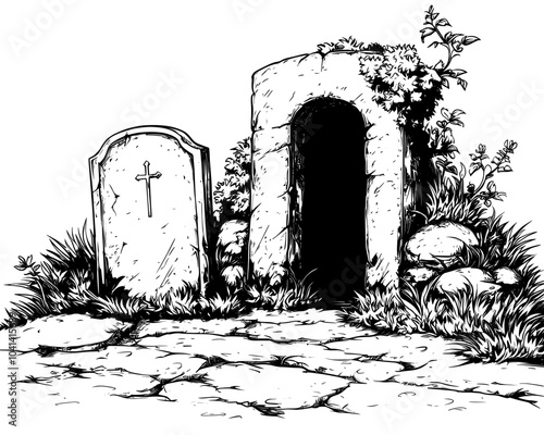 A gravestone of an old grave, featuring the headstone of an unmarked or unmarked grave. A medieval gravestone with grass surrounded by a gravestone. Hand-drawn, modern illustration of a gravestone