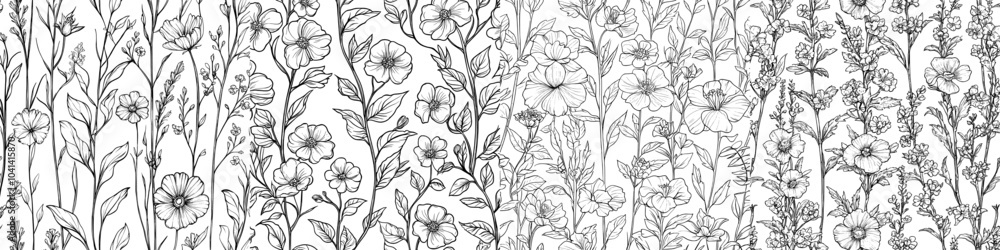 Seamless repeating floral background with herbs print, black and white vintage texture with wildflowers and herbs. Drawn modern illustration.