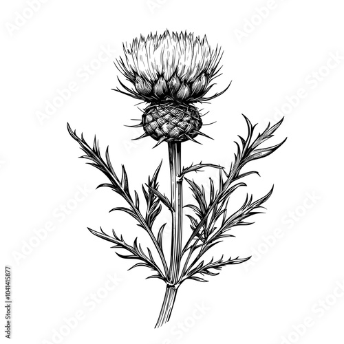 A detailed sketch of a field floral plant. Vintage drawing of herb with thorns. Handdrawn modern illustration isolated on white.