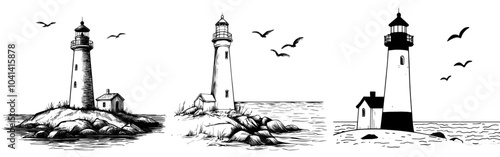 Drawing of an idyllic seaside scene with a lighthouse standing on a rock cliff or seashore and a cloudy sky in the background. Monochrome modern illustration hand drawn in vintage style.