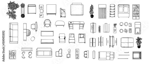 An outline view of linear furniture for a floor plan for an interior design project. Sofa, bed, and table set isolated on a white background.