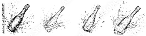 The champagne bottle sketch is an ink graphic set illustration, a draft silhouette drawing, and black-on-white line art. This is a vintage etching drink design for the vintage era.