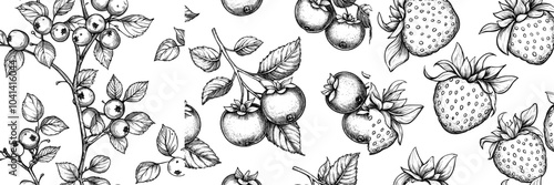 Pattern with outlined berry branches. Seamless botanical background featuring vintage drawings of fruit plants. Endless design with repeating print. Hand-drawn modern illustration suitable for