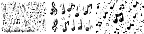 Doodle note symbols for song notation and melody notation. Sketch musical notes, rest, treble clef, bass clef and treble clef. Grunge scribble music signs.