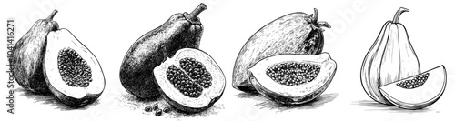 Illustration of an orange squash or pumpkin drawn by hand in monochrome