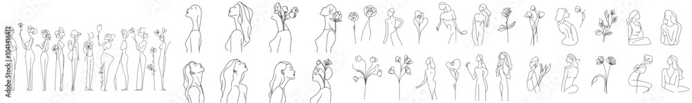 A set of abstract flowers with body and face in one line style illustrating a woman's beauty and fashion. - Modern illustration for women. A set of abstract flowers with body and face in one line style illustrating a woman's beauty and fashion. - Modern illustration for women.