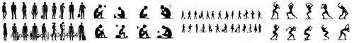 Simple icons of modern human interaction with black pictograms of people. Stickman silhouettes of men and women in relaxing postures, gestures and actions.
