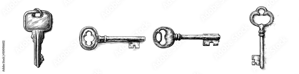 This is a detailed drawing of a door key that is etched in a vintage style for a modern living room or apartment. This is an isolated view from a white background. Contoured hand-drawn modern sketch This is a detailed drawing of a door key that is etched in a vintage style for a modern living room or apartment. This is an isolated view from a white background. Contoured hand-drawn modern sketch