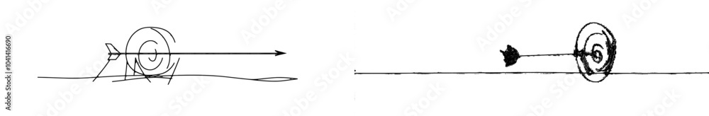 Line drawing of a circular target with an arrow. Isolated modern illustration with a white background. Line drawing of a circular target with an arrow. Isolated modern illustration with a white background.