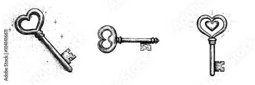 Isolated contoured handdrawn modern illustration of an engraved outlined outlined door key with a heart-shaped bow. Black and white etching of an ancient antique lock item.