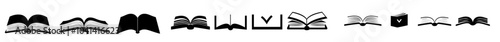 Icons set featuring an open book. Magazine illustration signs.