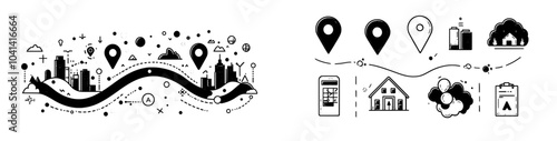 A route to point B. Three options: an easy way, a middle way, and a hard way. A straight line, a confusing line, and a dotted line. Modern illustration.