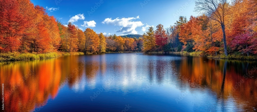 Tranquil lake reflecting colorful autumn foliage under a blue sky. Tranquil lake reflecting colorful autumn foliage under a blue sky.