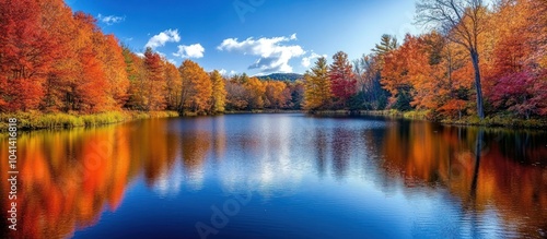 Tranquil lake reflecting colorful autumn foliage under a blue sky.