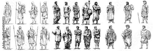 Sculptures of antic males and females. Monochrome knitted design for textile, wrapping paper, and wallpaper.