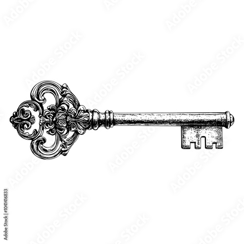 Vintage antique key for castle door. An engraved old unlocking key in retro style. A drawing of an ancient noble medieval object outlined in white.