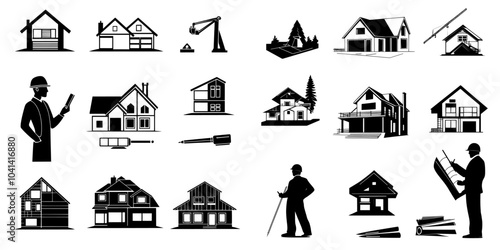 A set of engineering drawings, technical drawings icons. A blueprint, a draft sketch, and a black and white icon. All icons are in monochrome.