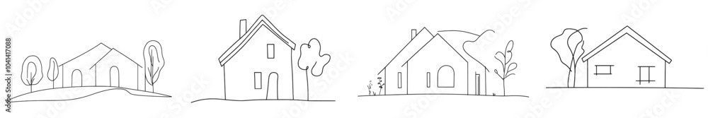 A modern house drawn in continuous line art style. An architectural model of a black linear building isolated on white. A modern house drawn in continuous line art style. An architectural model of a black linear building isolated on white.