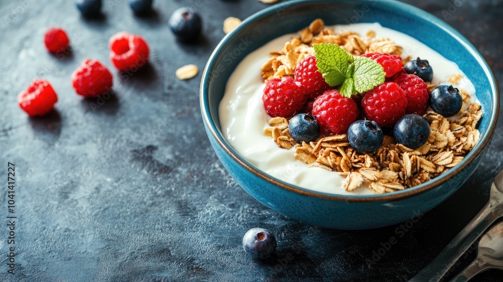 Granola with berries and yogurt in a blue bowl on a dark wooden surface Concept of a healthy breakfast Banner Granola with berries and yogurt in a blue bowl on a dark wooden surface Concept of a healthy breakfast Banner