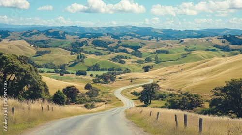 A scenic rural landscape featuring undulating hills and a meandering road that stretches into the horizon photo