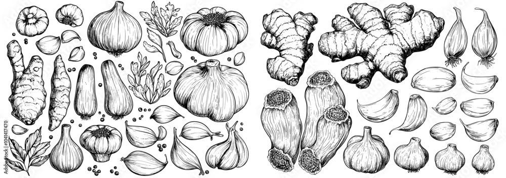 A set of isolated icons showing a pile of garlic bulbs in a net bag accompanied by runchy garlic bread. A modern illustration of vegetables and farm products. A set of isolated icons showing a pile of garlic bulbs in a net bag accompanied by runchy garlic bread. A modern illustration of vegetables and farm products.