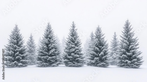 Snow covered pine trees create a serene and tranquil atmosphere perfect for a winter holiday background