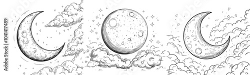 An outline of a half moon and clouds at night with stars in the sky to help kids sleep better. A moonlight cloudy scene for children's décor.