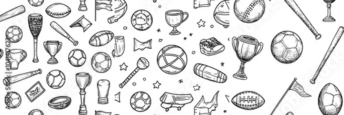A monochrome sports pattern with a ball, flag, and medal and line doodles for tennis, rugby, and soccer with balls on white.
