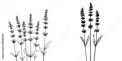 French lavender flowers. Hand-drawn modern illustration of lavandula blossoms isolated on white. Scalped contoured Provence floral plant.