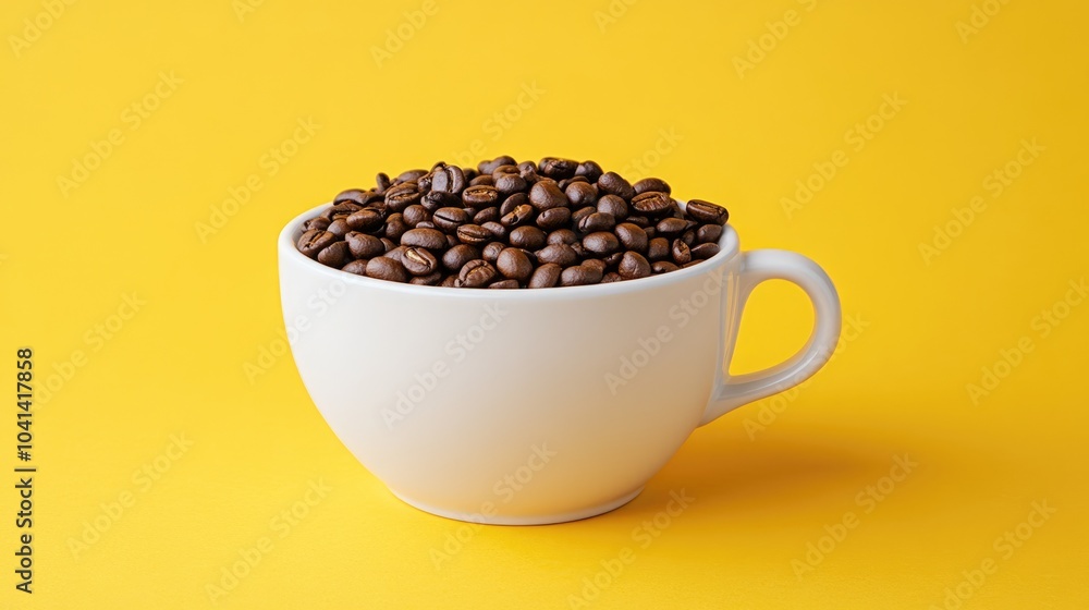 Coffee cup filled with beans against a yellow backdrop Coffee cup filled with beans against a yellow backdrop