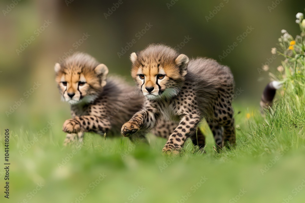 Energetic cheetah cubs playing in the grass. Energetic cheetah cubs playing in the grass.