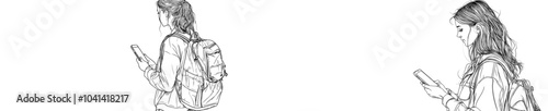 An illustration of a back view of a woman tourist taking a photo with her smartphone. The image is taken on a white background and drawn with only one line.