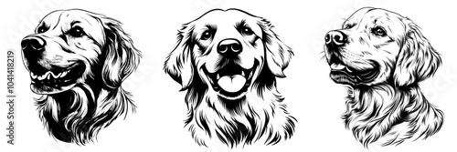 An animal portrait of a golden retriever, hand drawn in a sketch style.