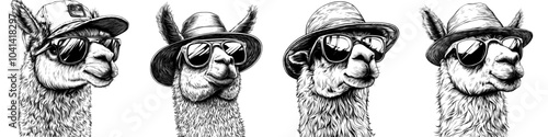 Stylish llama wearing sunglasses and hats