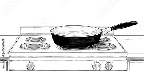 An editable black and white thin line icon of a frying pan on a kitchen stove. Simple cartoon clip art spot illustration for use on a website.