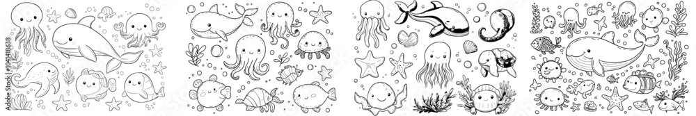 An ocean fauna collection of cute hand drawn sea creatures isolated on white. An ocean fauna collection of cute hand drawn sea creatures isolated on white.
