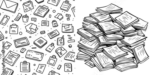 Isolated white drawing with a pile of written paper illustration. Literature drafts sketch. Academic subject.