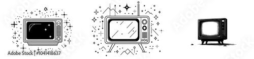 Modern monochrome vintage TV. Editable black and white cartoon spot illustration for web design.