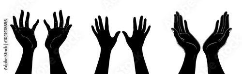 Handdrawn silhouette of cupped hands isolated on white background. Highlighted outline of raised hands. Modern illustration.