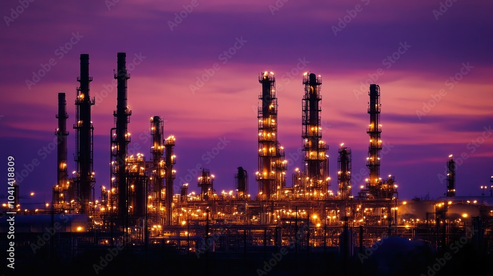 A sprawling refinery illuminated by golden lights at dusk, silhouetted against a deep purple sky, evoking the power of industry. A sprawling refinery illuminated by golden lights at dusk, silhouetted against a deep purple sky, evoking the power of industry.